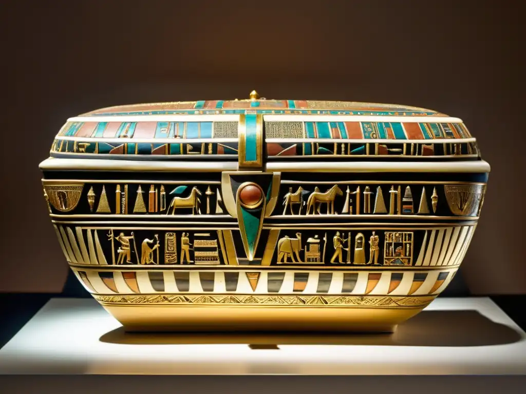 Un sarcófago egipcio ricamente decorado con patrones e inscripciones hieroglíficas, iluminado en un museo