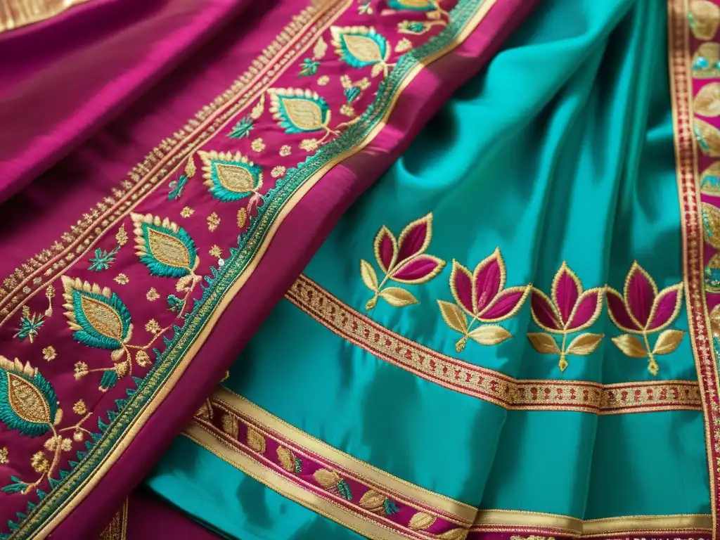 Un sari indio vibrante y detallado en magenta, oro y turquesa, evocando la artesanía textil india y el rescate de patrones textiles antiguos India