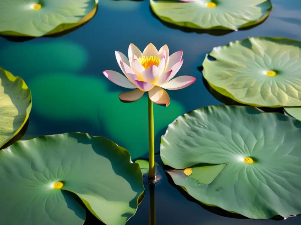 Un sari de seda con motivo de loto, joyas de colores y detalles dorados, en un escenario sereno de vegetación exuberante y lirios de agua