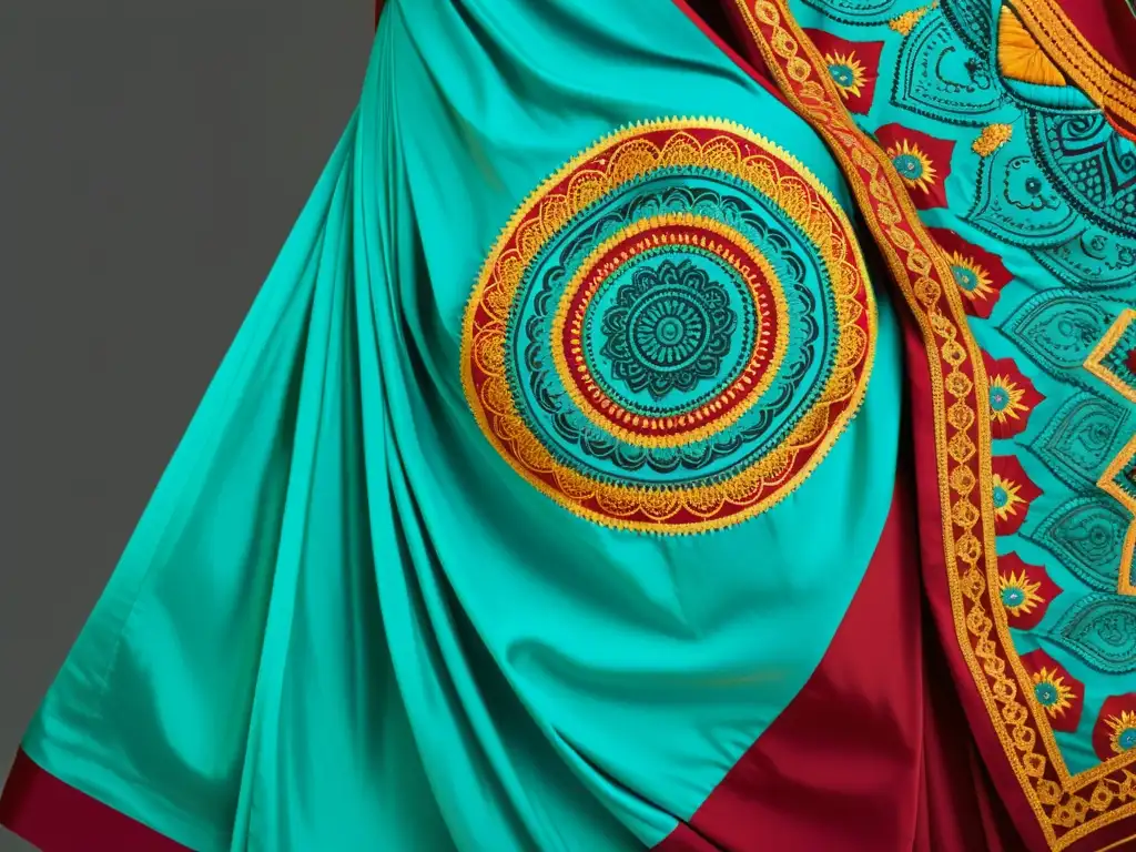 Sari vintage bordado con mandalas coloridos Un sari vintage bordado con mandalas en colores vibrantes, evocando el significado de mandalas en la moda india contemporánea