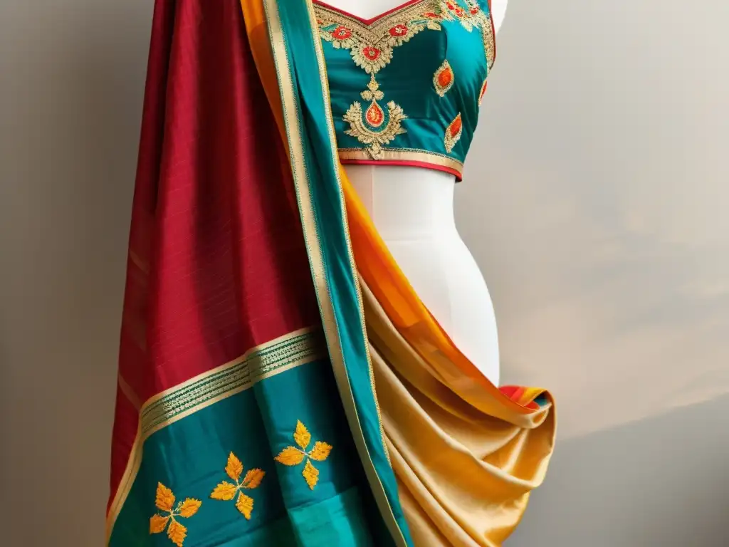 Un sari vintage con colores vibrantes y bordados ornamentados, reflejando la historia del sari en India con elegancia y riqueza cultural