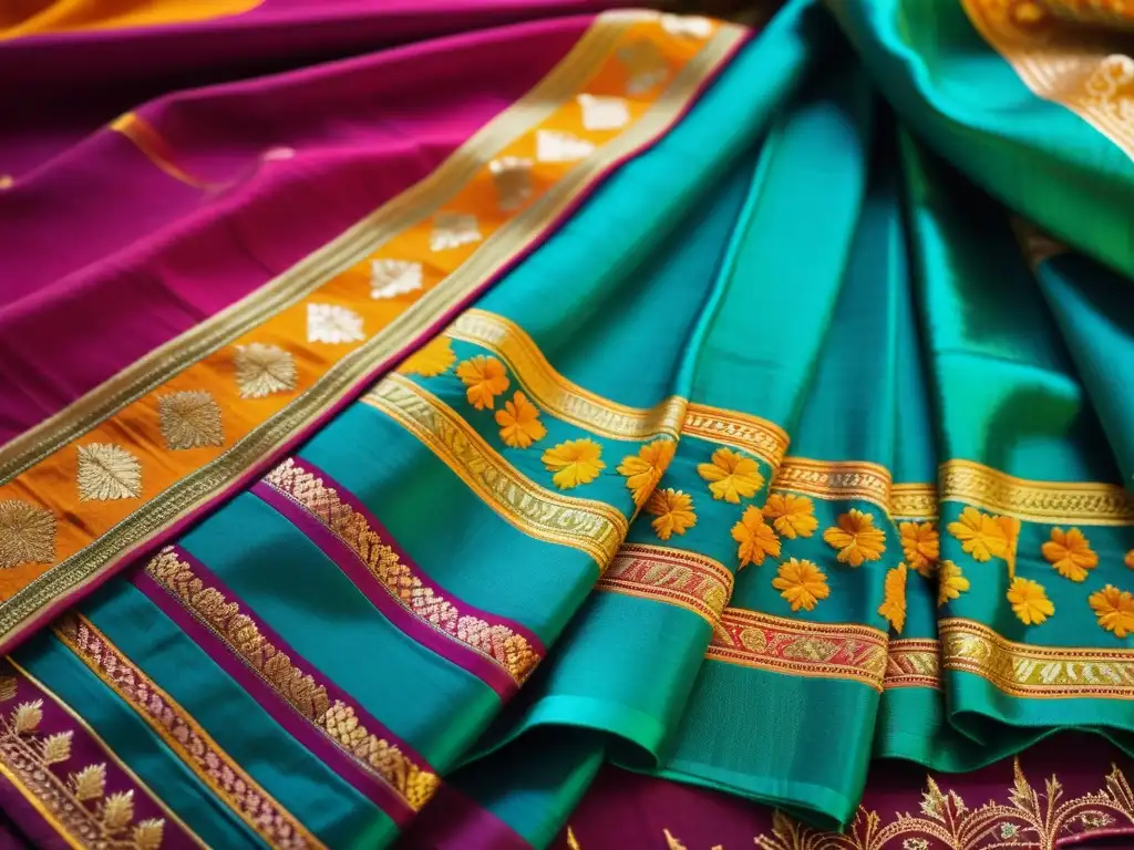 Un sari vintage de la India exhibe bordados e intensos colores, mostrando la historia del sari en India