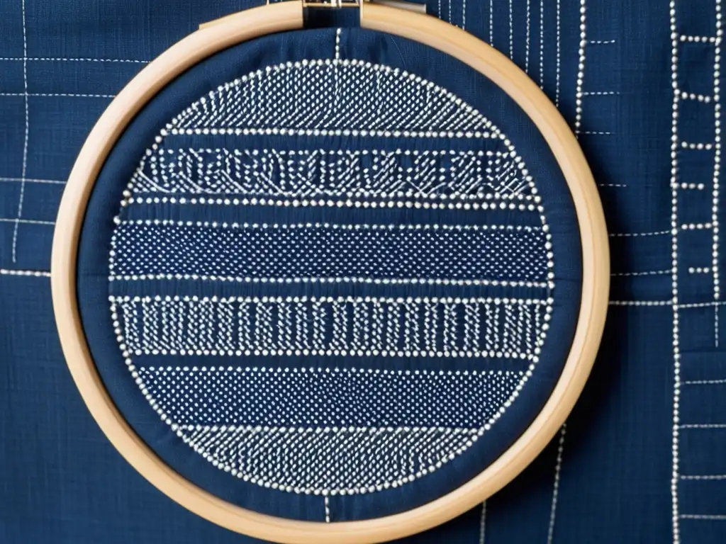Sashiko japonés: Intrincados bordados en índigo Sashiko patrón japonés tela: Detalle de bordado Sashiko en tela índigo, destacando patrones geométricos e hilos blancos alineados en aro de madera