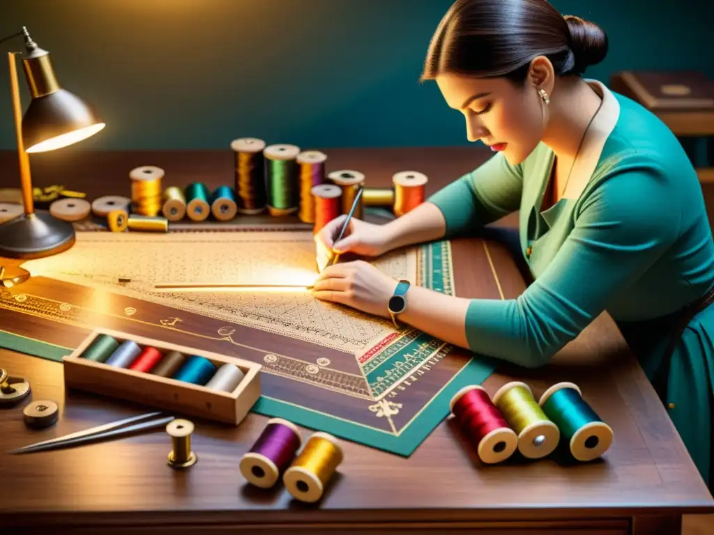 Un sastre vintage crea un patrón meticulosamente en su mesa de trabajo de madera, rodeado de hilos de colores y herramientas de diseño