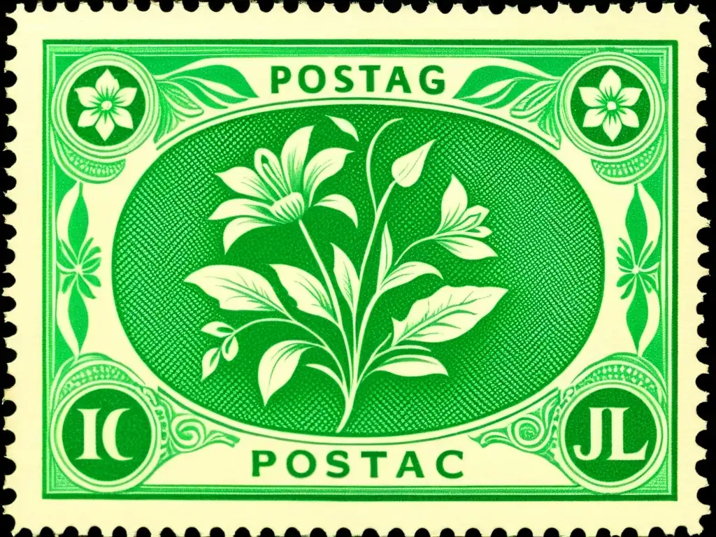 Detalles artísticos de sello postal vintage: historia y artesanía Un sello postal vintage detallado con patrones artísticos en un fondo desgastado, evocando historia y artesanía en billetes del mundo