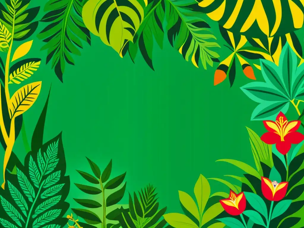 Una ilustración vintage de selva tropical con patrones artísticos de flora y fauna de Latinoamérica, celebrando su belleza y diversidad