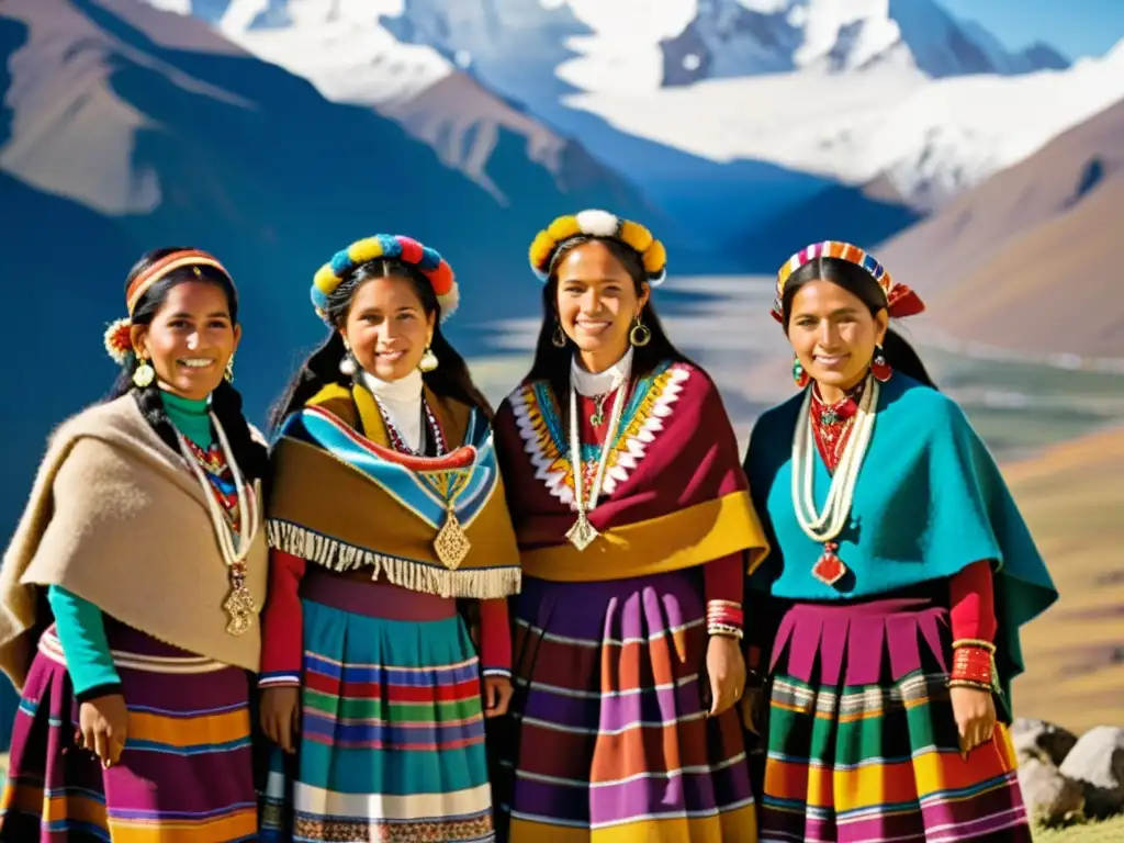 Semana de la Cultura Andina moda folclórica: Mujeres andinas visten trajes tradicionales coloridos, con montañas nevadas de fondo