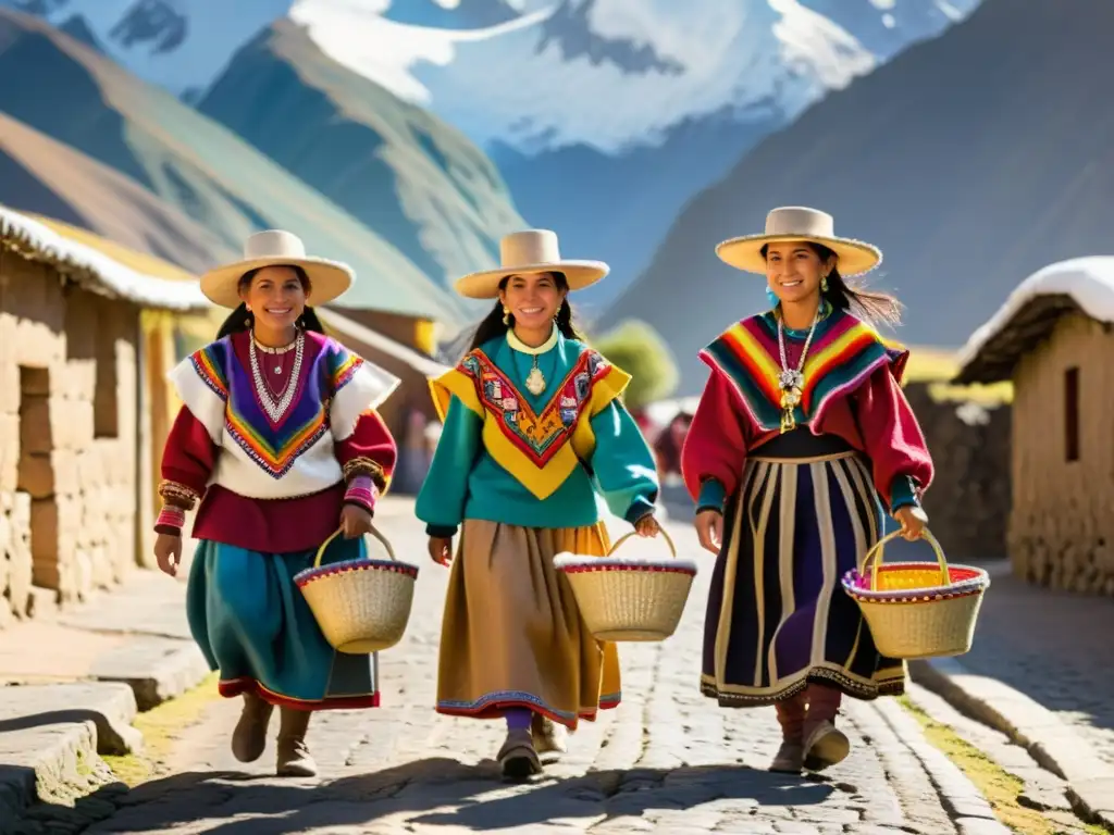 Semana de la Cultura Andina: Mujeres andinas en polleras coloridas y blusas bordadas, llevando cestas con textiles, en un escenario montañoso nevado