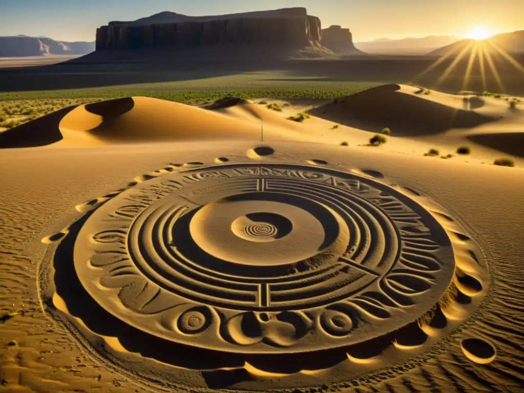 Geoglifo enigmático: antiguo arte del desierto Sepiatono de misteriosos diseños formaciones geográficas en el desierto, con sombras alargadas y fondo dramático de montañas