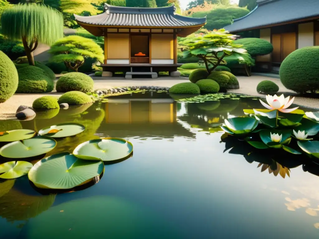 Sereno jardín japonés con patrones de agua, nenúfares y peces koi, evocando armonía y belleza atemporal