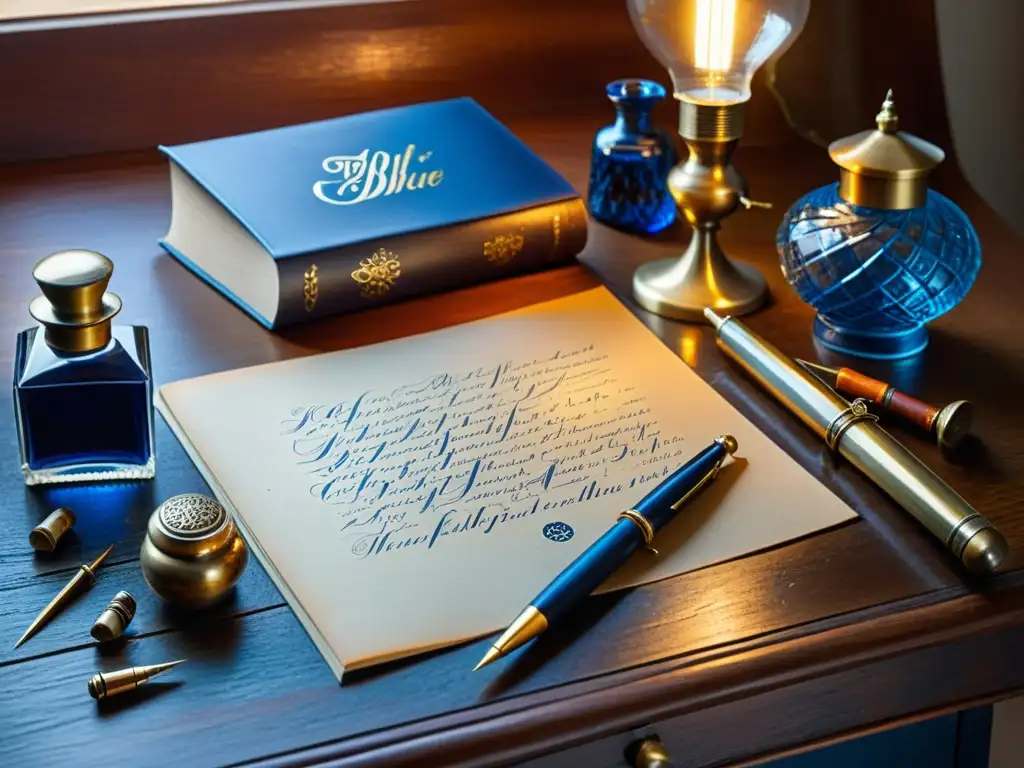 Set de caligrafía antiguo en madera con detalles de latón, junto a libro de patrones caligráficos, todo iluminado por lámpara vintage