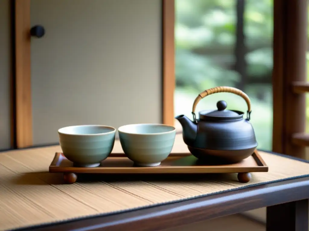 Un set de ceremonia del té japonés con tazas de porcelana, batidor de bambú, cuenco de té y tetera de hierro en una mesa de madera