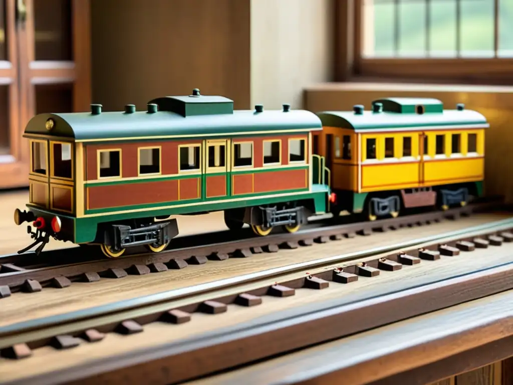 Set de trenes de madera vintage: detalles étnicos artesanales Un set de tren de juguete de madera vintage con diseños étnicos en un ambiente nostálgico y evocador