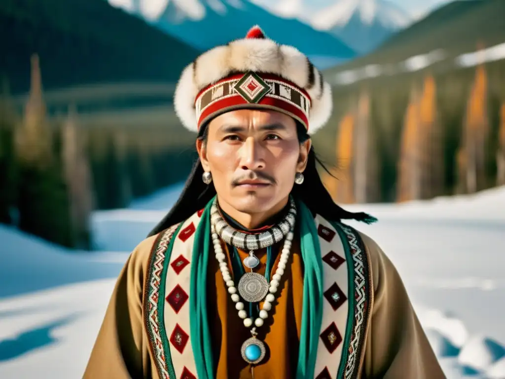 Un shaman siberiano con traje guardián espiritual en un bosque nevado