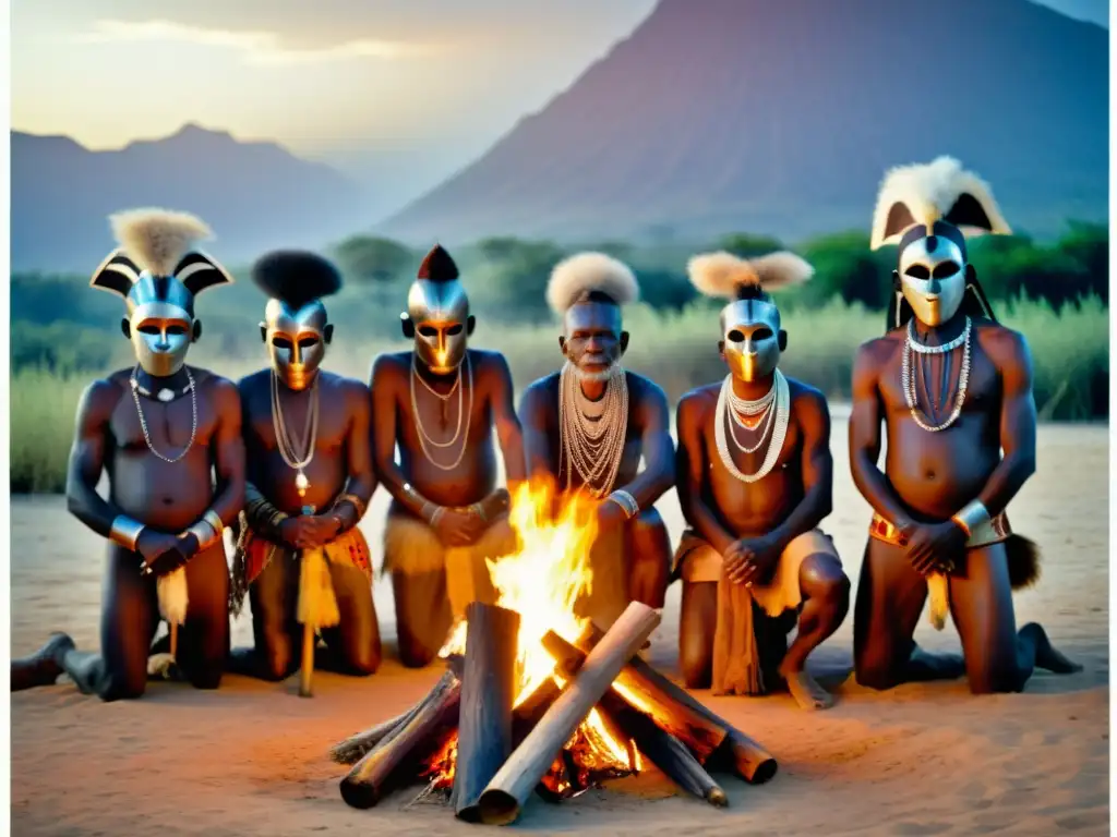 Rituales tribales africanos: sabiduría ancestral alrededor de la hoguera Significado y simbología de máscaras africanas: Ancianos tribales con máscaras en ritual alrededor de fogata