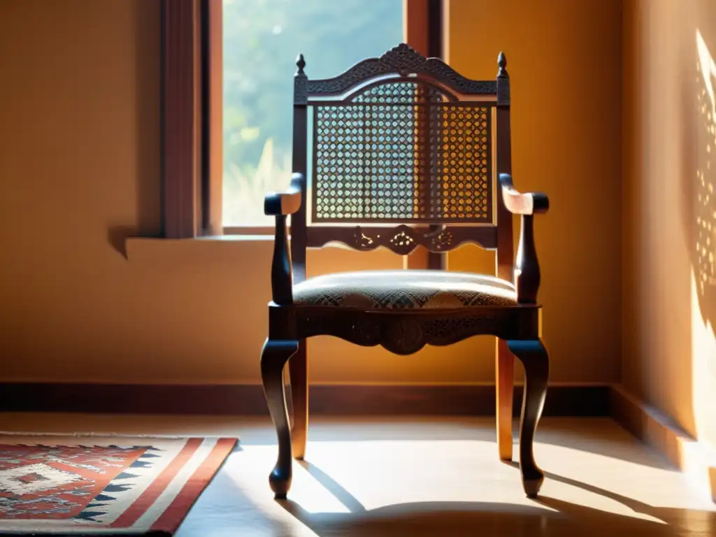 Una silla de madera vintage con patrones étnicos en una habitación cálida y bien iluminada, irradiando elegancia atemporal y confort