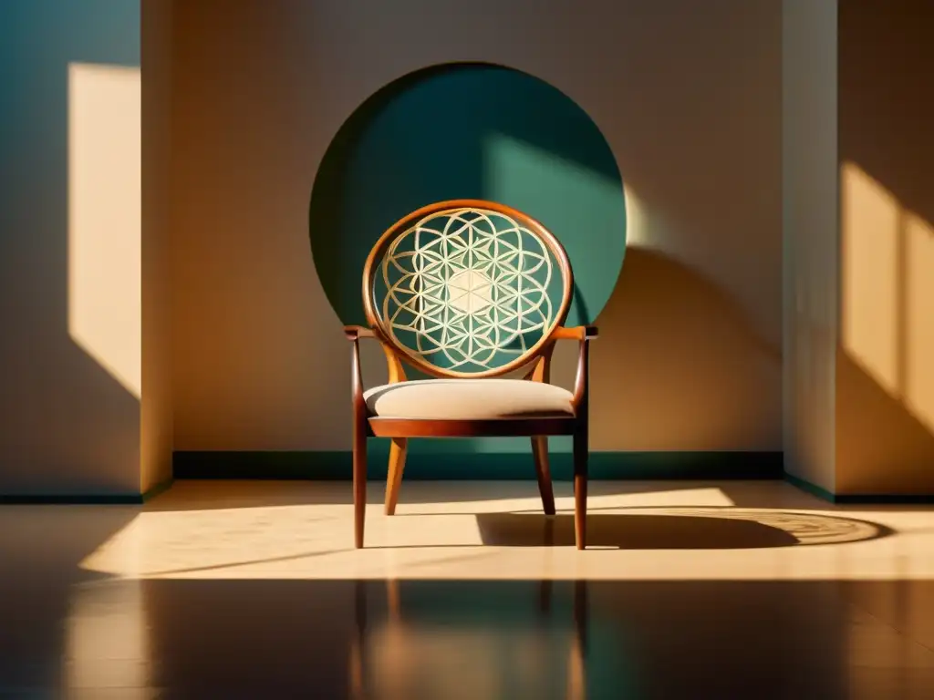 Una silla moderna con patrones espirituales en un ambiente cálido y acogedor, fusionando diseño contemporáneo y simbolismo espiritual