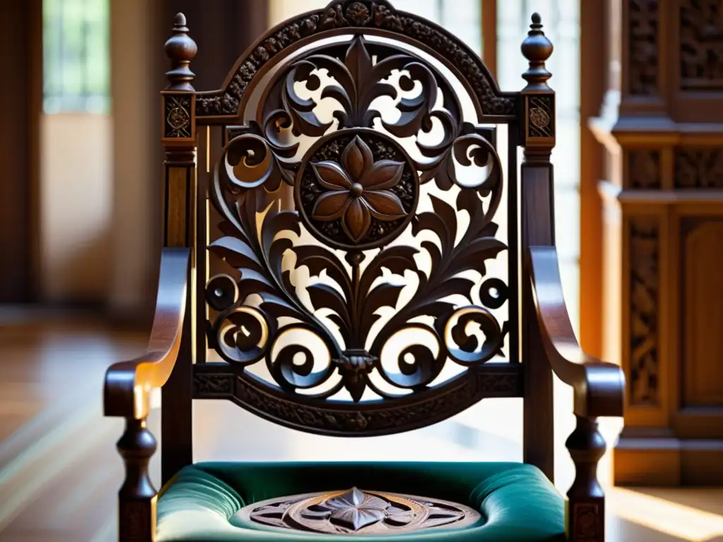 Una silla renacentista ricamente tallada con patrones artísticos en madera vintage, resaltados por la luz