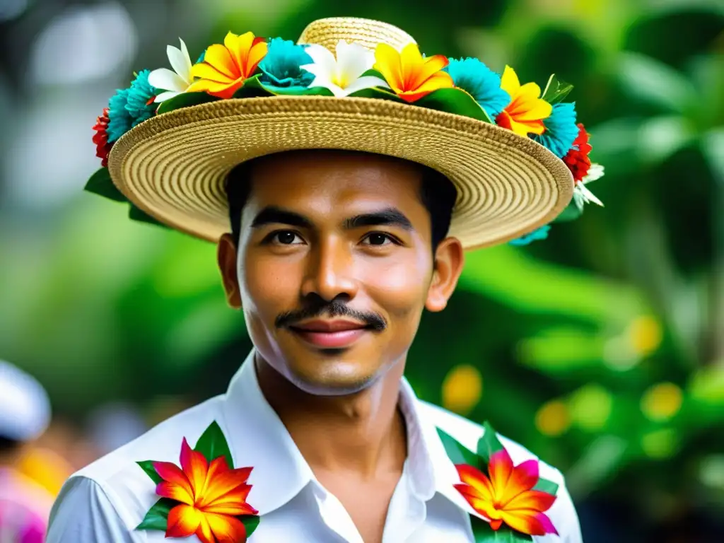 Un silletero de la Feria de las Flores de Medellín exhibe patrones florales vibrantes en contraste con la exuberante vegetación