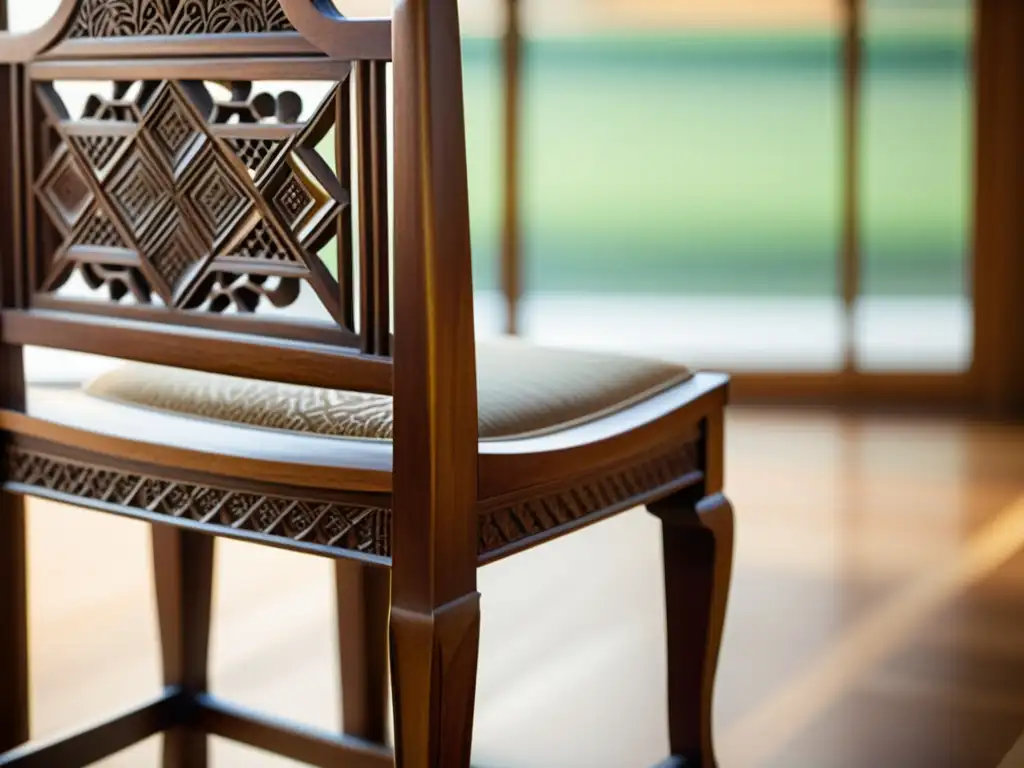 Un sillón vintage de madera tallada con patrones étnicos en un ambiente cálido y luminoso, evocando confort y tradición artesanal