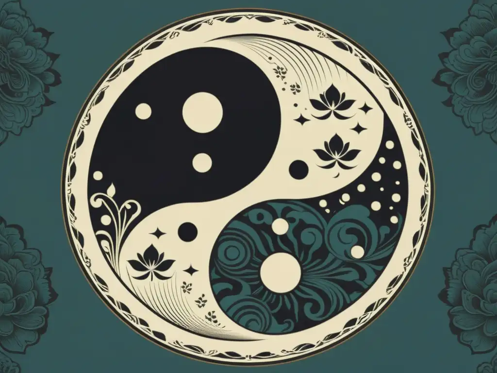 Una ilustración vintage del símbolo Yin y Yang, con detalles intrincados y delicadas sombras