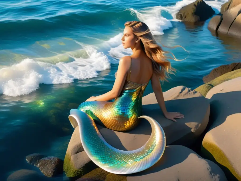 Una sirena de ensueño descansa en la costa rocosa, su larga cola iridiscente brilla bajo el sol mientras mira al mar