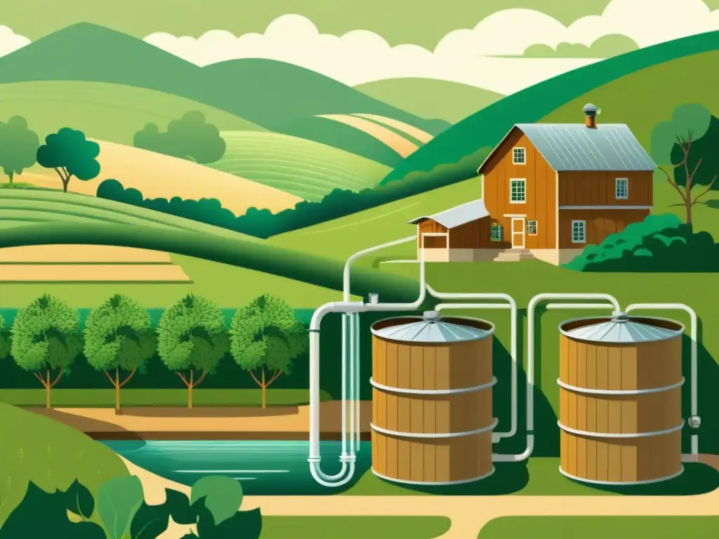 Ilustración vintage de un sistema de recolección de agua sostenible en un entorno rural