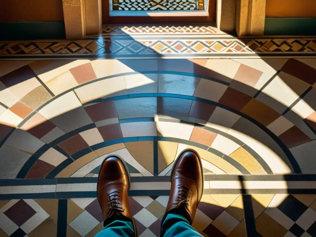 Un suelo de mosaico en una antigua arquitectura, con patrones artísticos y tonos terrosos, iluminado por la luz solar a través de ventanas arqueadas