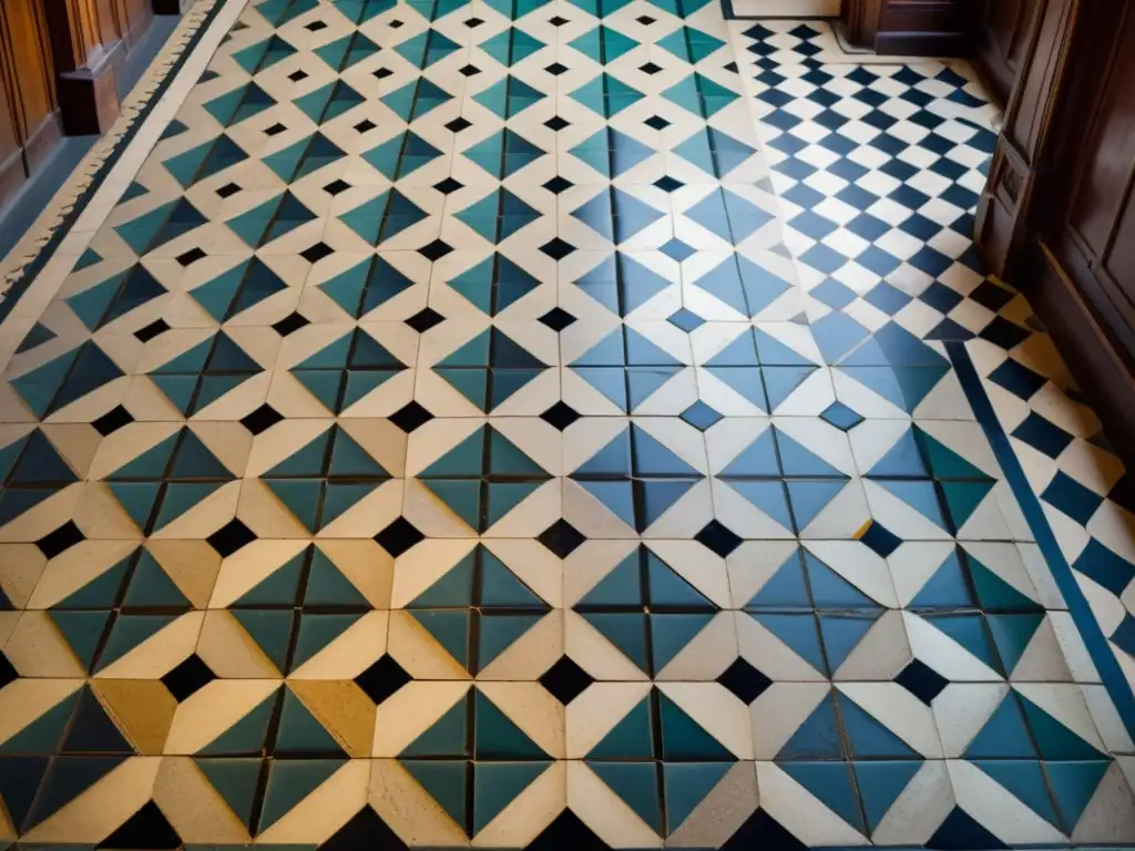 Un suelo de mosaico vintage con patrones geométricos en diseño interior, en tonos terrosos y desgastado, crea una atmósfera de belleza y nostalgia