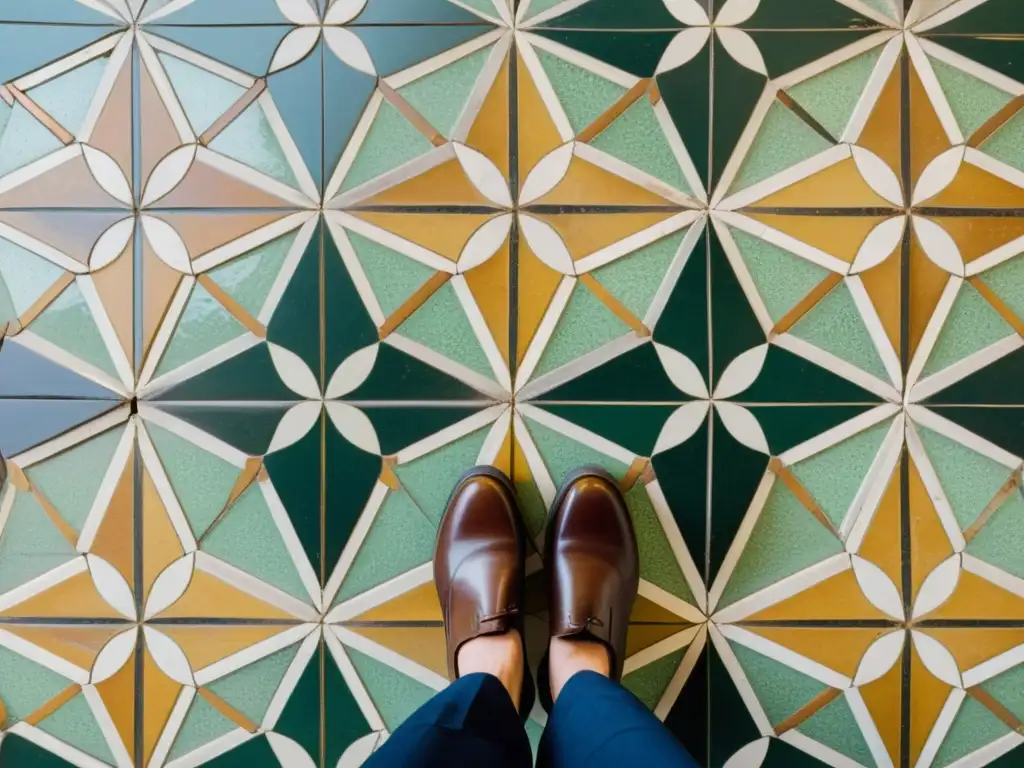 Un suelo de mosaico vintage, con patrones intrincados en tonos terrosos y diseños geométricos y florales