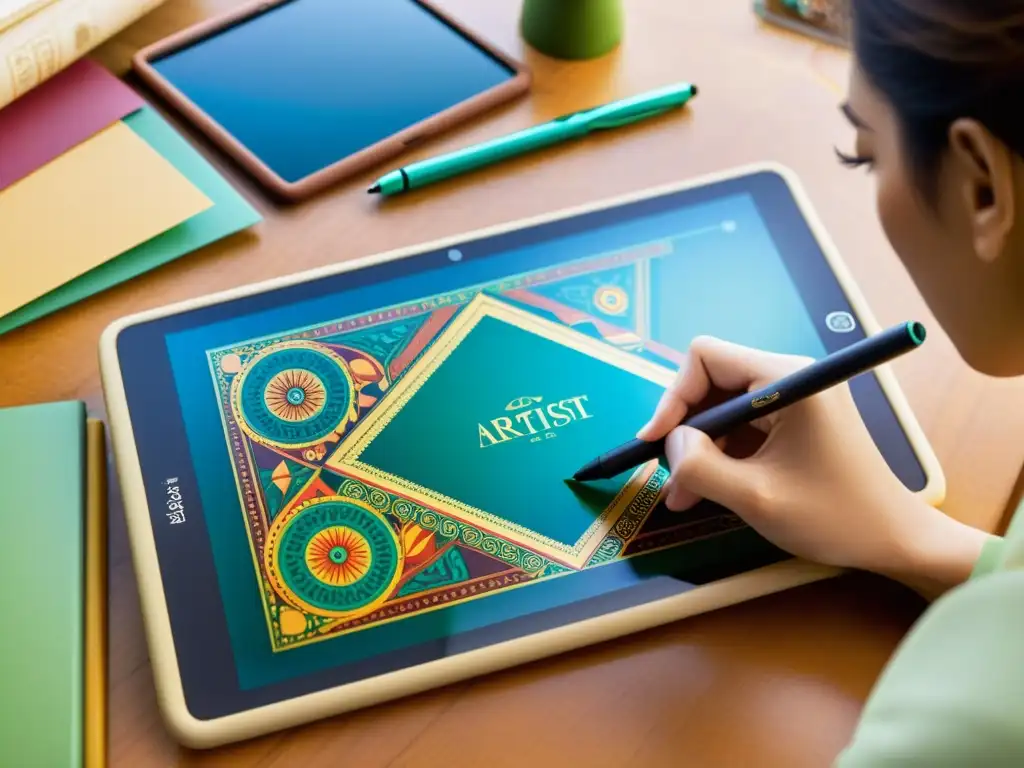 Una tablet decorada artísticamente con una app de diseño de patrones, fusionando lo tradicional y digital en una atmósfera nostálgica de artesanía