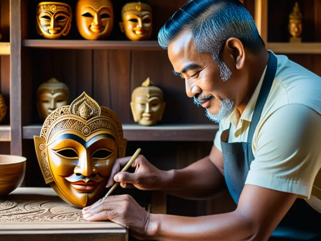 Tallado de máscaras en Bali: Detalle de un artesano tallando una máscara tradicional con meticulosidad, iluminado por cálida luz vintage en su taller