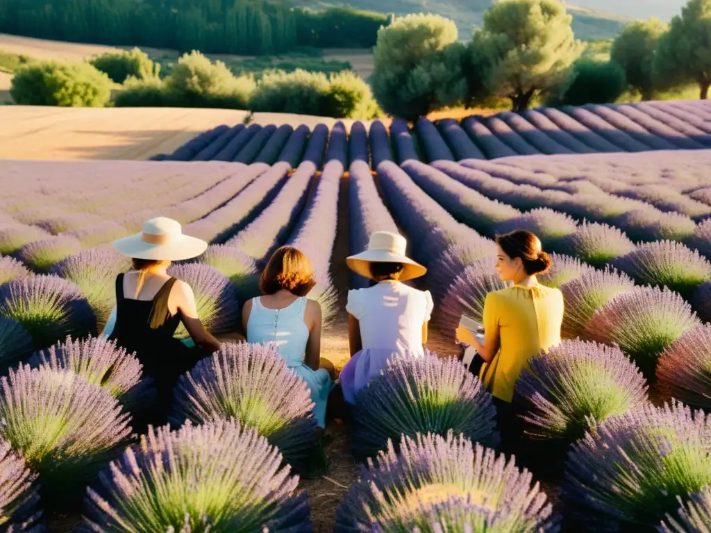 Un taller de arte textil en campos de lavanda de Provenza, con participantes creando entre flores y carretes de hilo, bajo una luz dorada