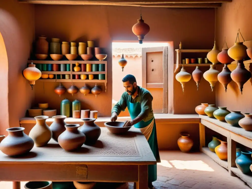 Un taller artesanal en Marruecos, con pigmentos naturales en cerámica y artesanos trabajando