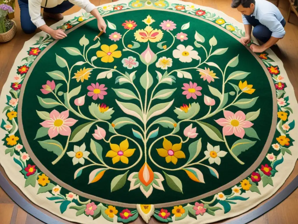 Un taller bullicioso con artesanos meticulosamente creando una alfombra floral con motivos mitológicos