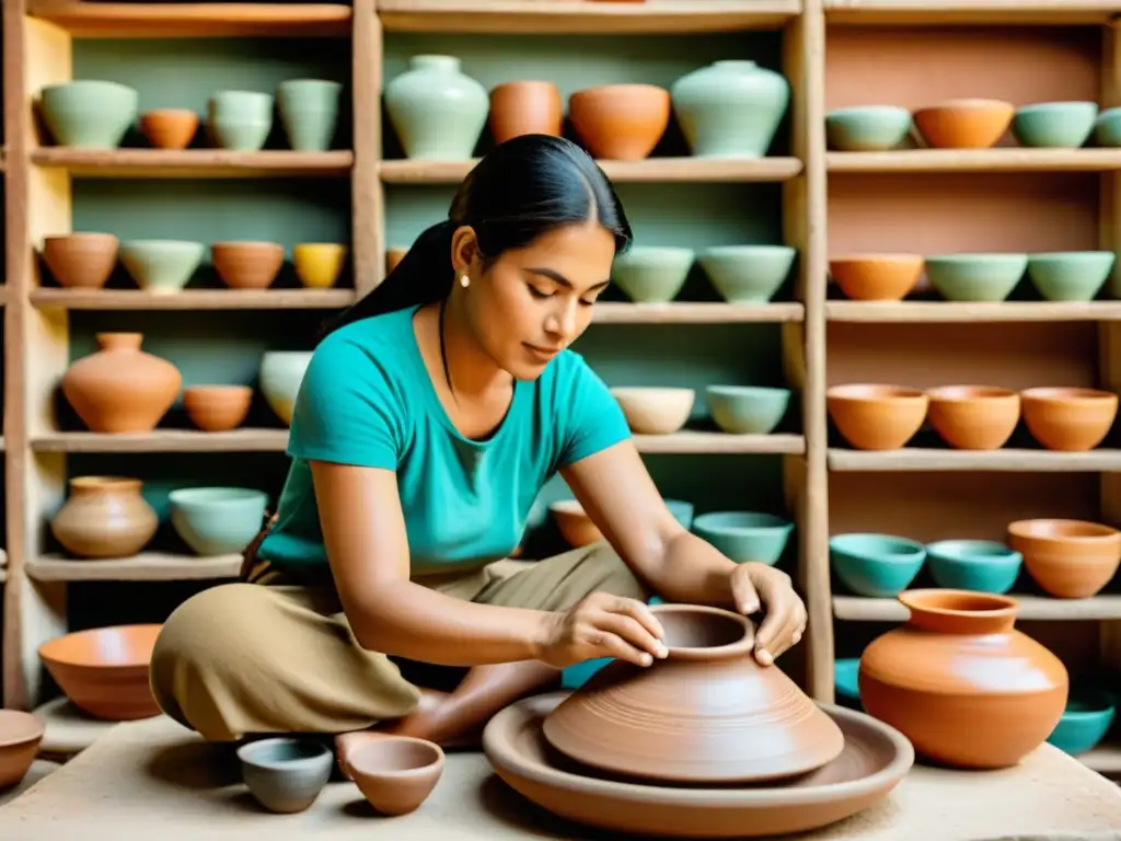 Un taller de cerámica en Colombia con artesanos hábiles moldeando arcilla en tornos, rodeados de colorida cerámica artesanal y patrones ancestrales