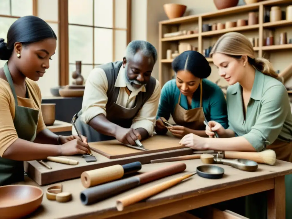 Un taller lleno de artistas y preservacionistas restaurando obras de arte, licenciando arte con conciencia cultural