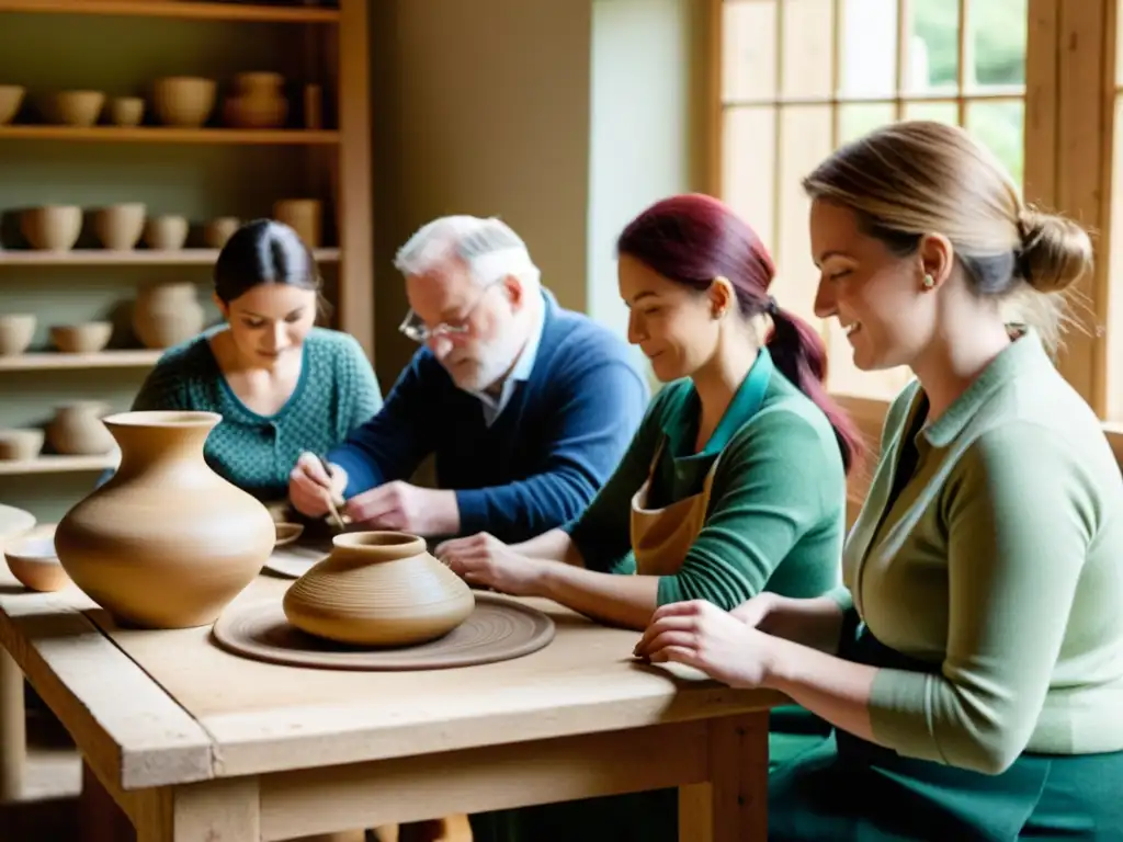 Un taller en Irlanda recreando patrones celtas en cerámica y textiles, con participantes dedicados y ambiente creativo