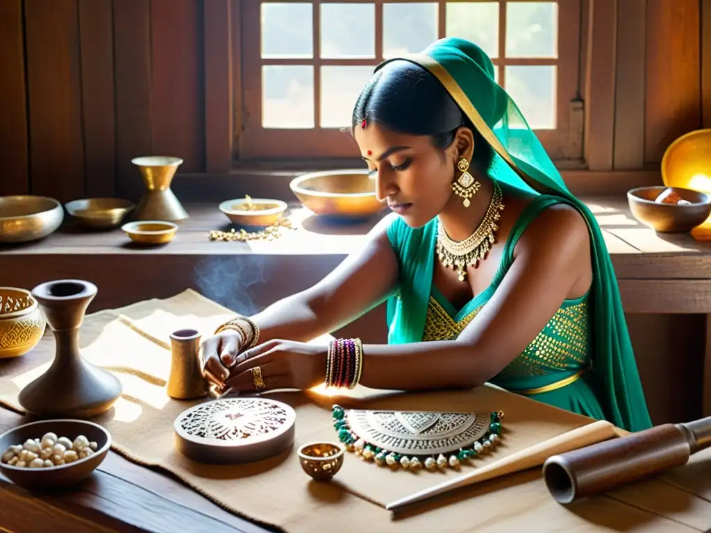 Un taller de joyería india con piezas de plata y piedras preciosas en una mesa de madera