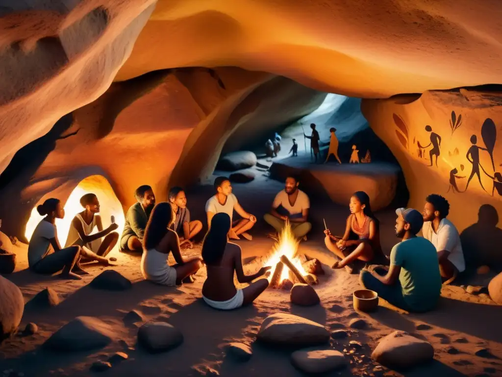 Un taller de pintura rupestre en Francia, con figuras rodeando una fogata en una cueva iluminada