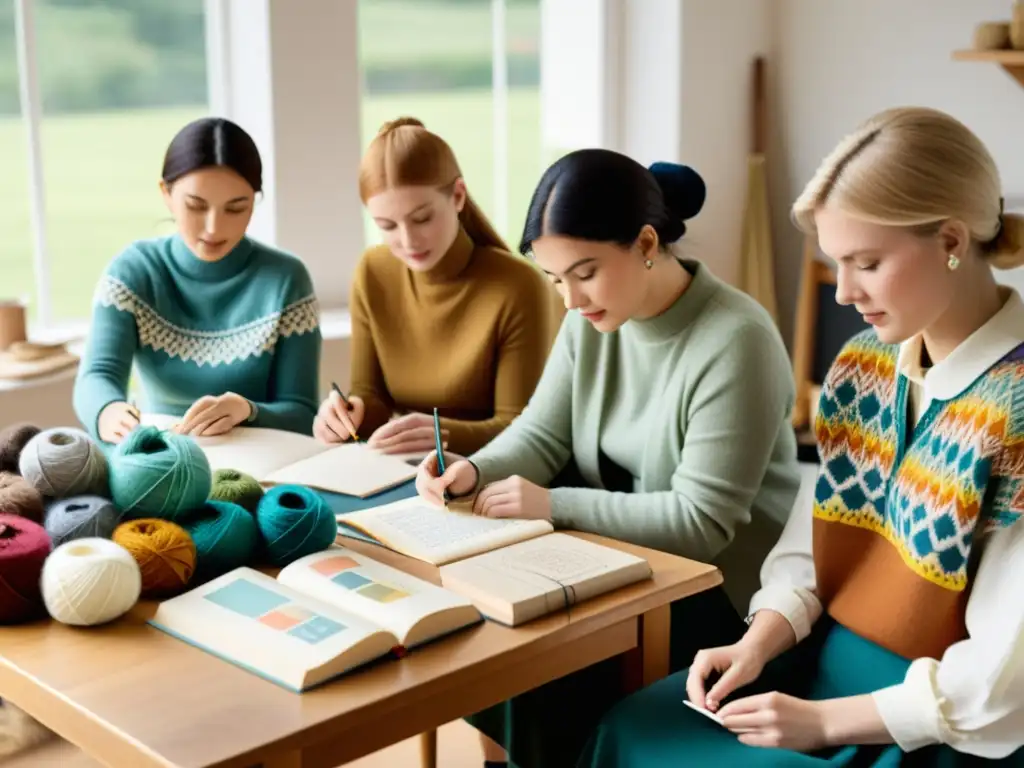 Un taller de tejido vintage con diseñadores creando patrones escandinavos modernos