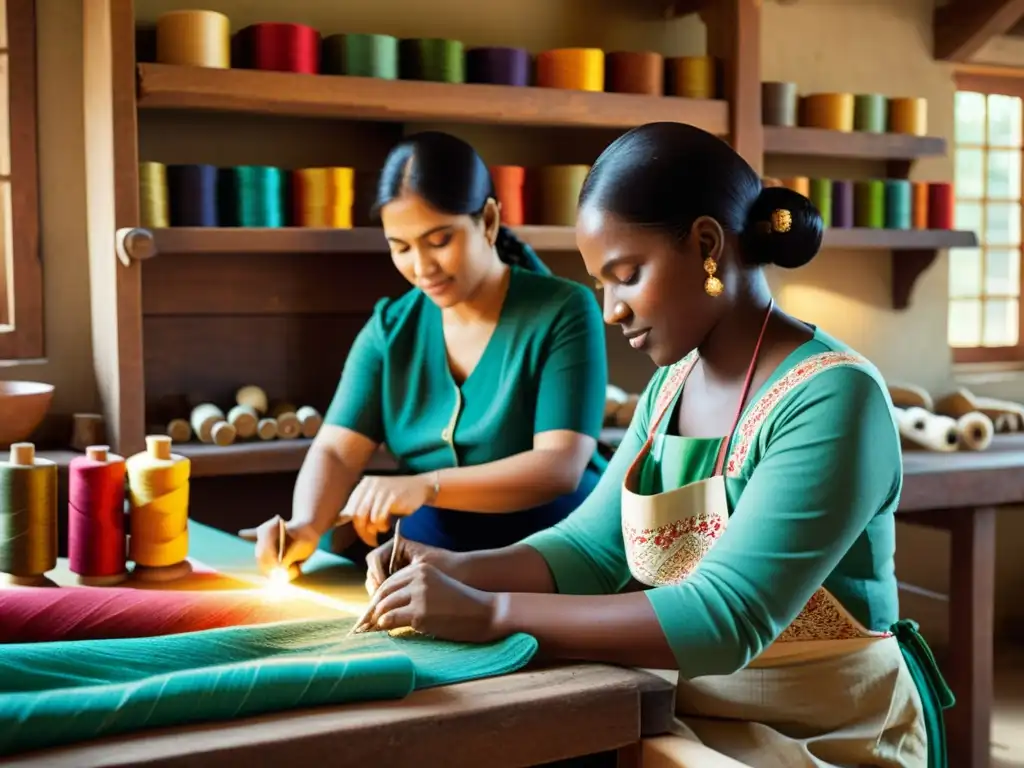 Un taller textil tradicional con hábiles artesanos creando diseños intrincados