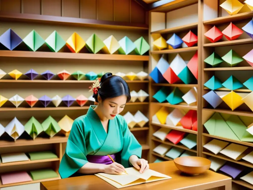 Un taller de origami tradicional en Tokio con patrones de origami, artesanos plegando papel colorido con maestría en un ambiente tranquilo y luminoso