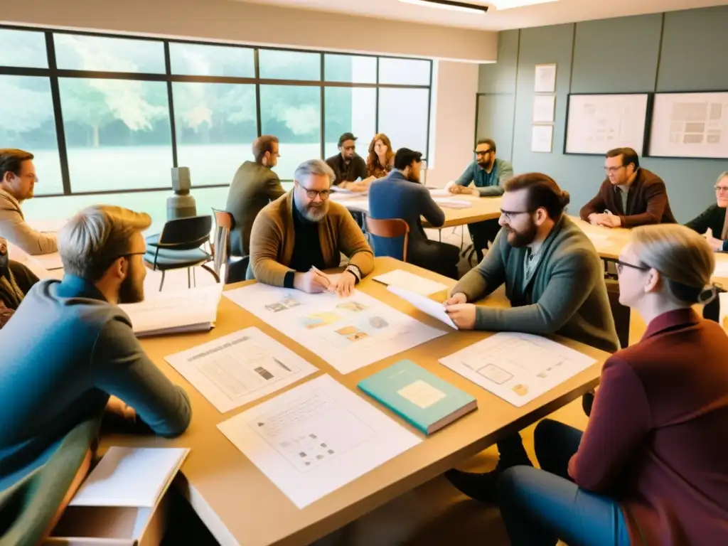 Un taller de diseño de videojuegos vintage con profesionales discutiendo animadamente