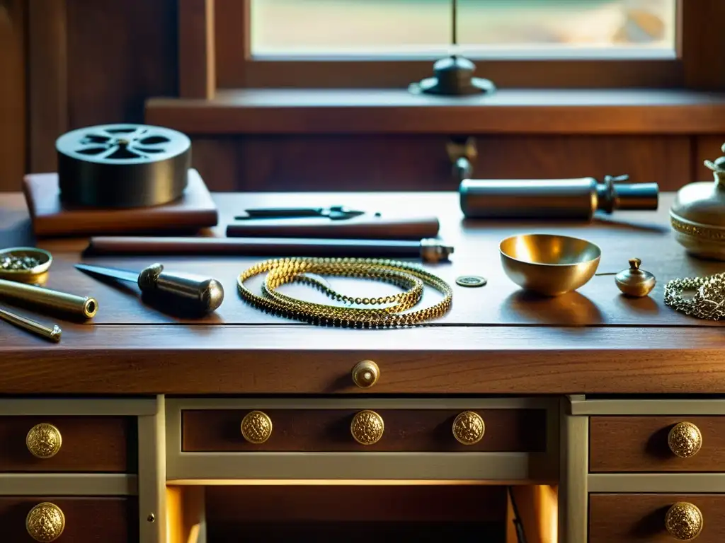 Un taller de joyería vintage con herramientas antiguas, delicadas cadenas y piezas ornamentadas