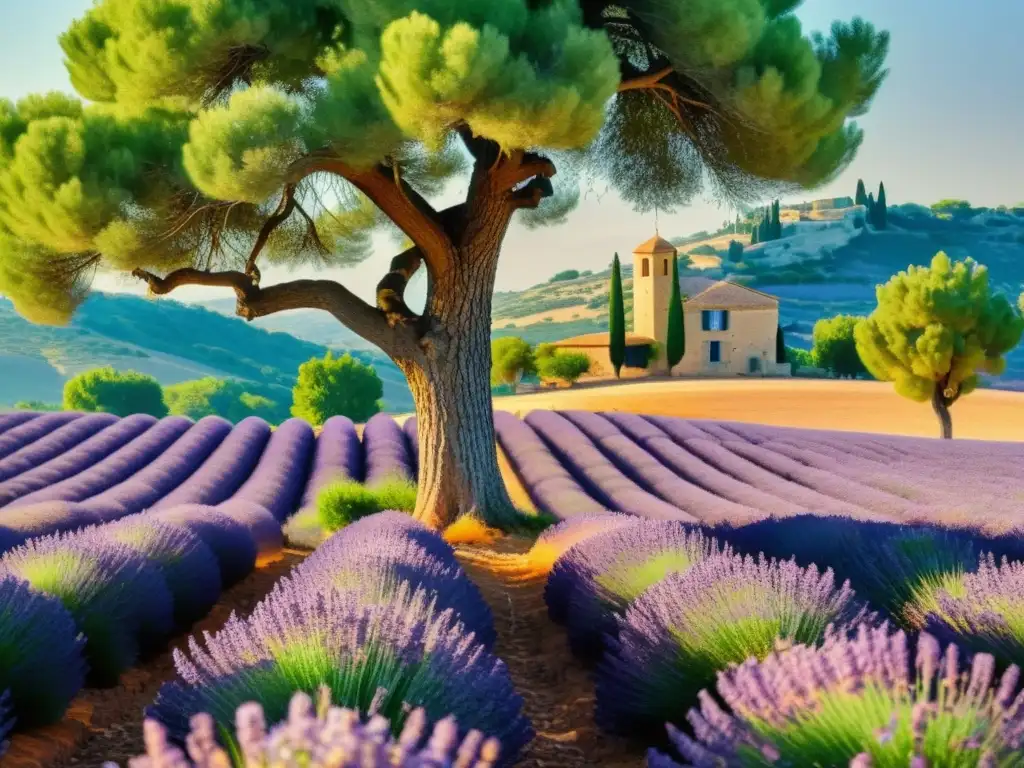 Talleres de arte textil bajo un árbol en campos de lavanda de Provenza, con luz suave y encanto vintage