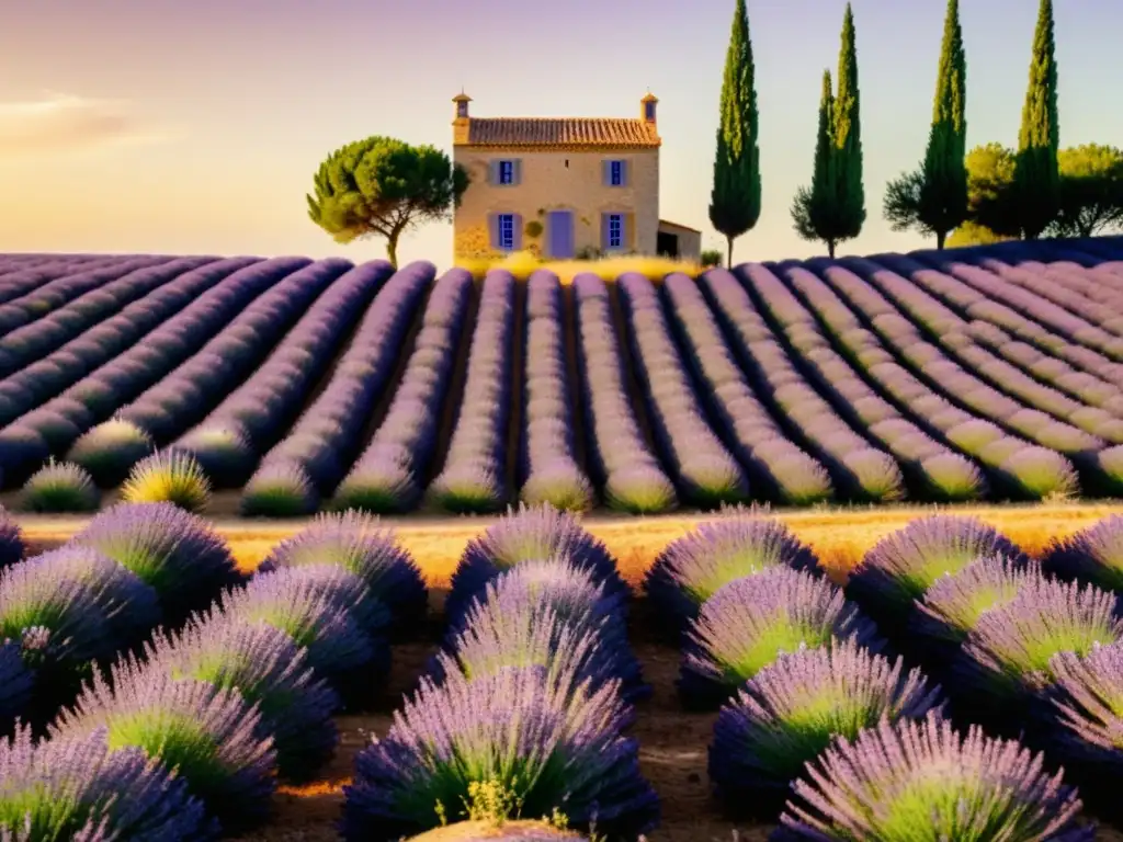 Talleres de arte textil en campos de lavanda de Provenza, evocando tradición, creatividad y belleza natural en una escena nostálgica al atardecer