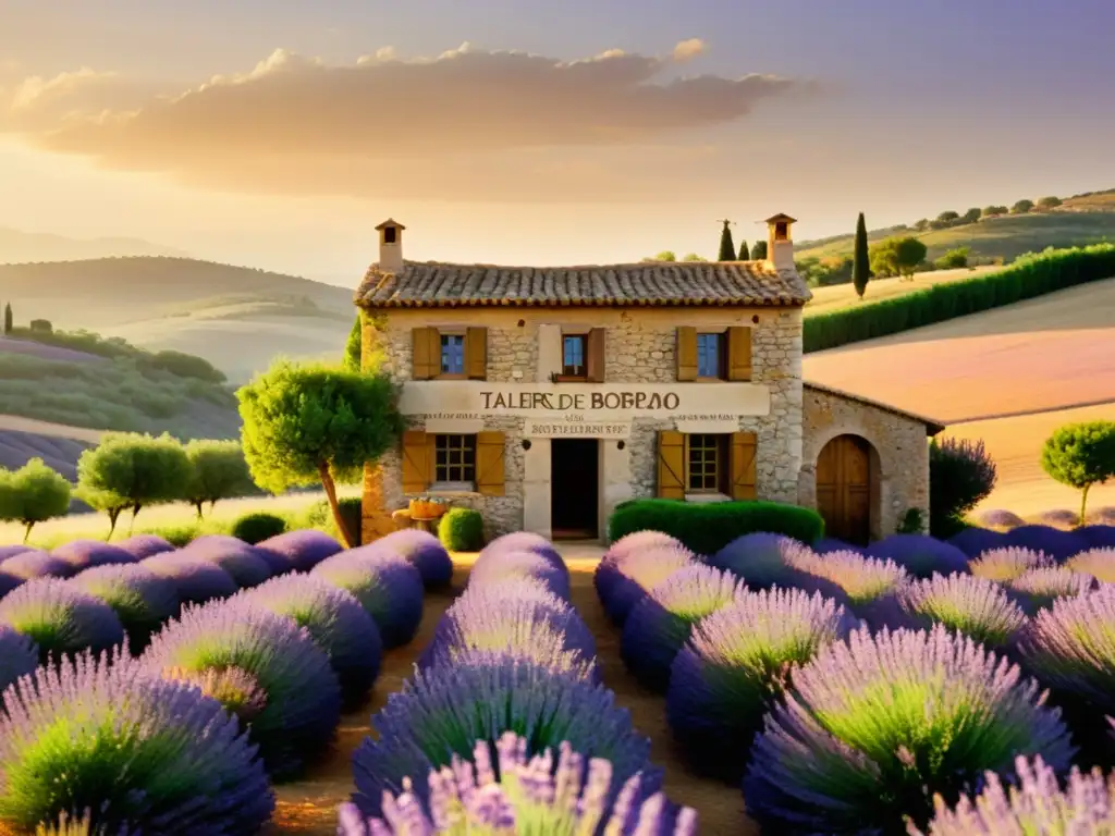 Talleres de bordado en los campos de lavanda de Provenza, bañados por la cálida luz del atardecer, evocando una atmósfera nostálgica y serena