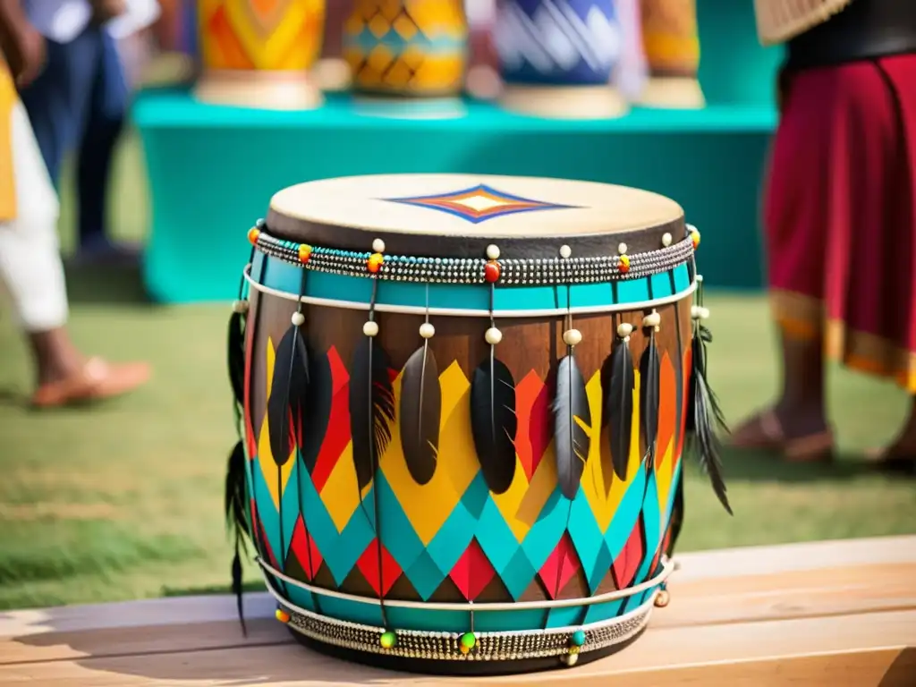 Un tambor de madera tallado con patrones tradicionales y plumas vibrantes, en el contexto festivo de un festival folclórico