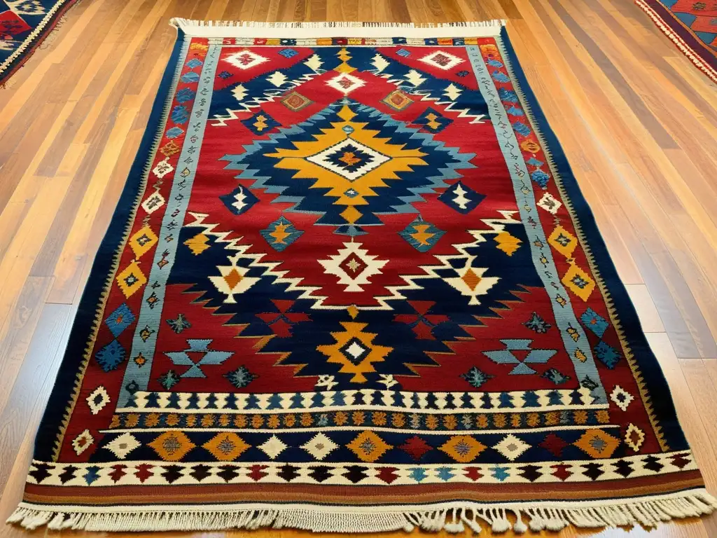 Un tapete kilim turco vintage con un patrón geométrico complejo en tonos tierra de rojo, azul y dorado